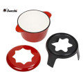 Cheese Cast-Iron Traditional Fondue Pot with wooden tray